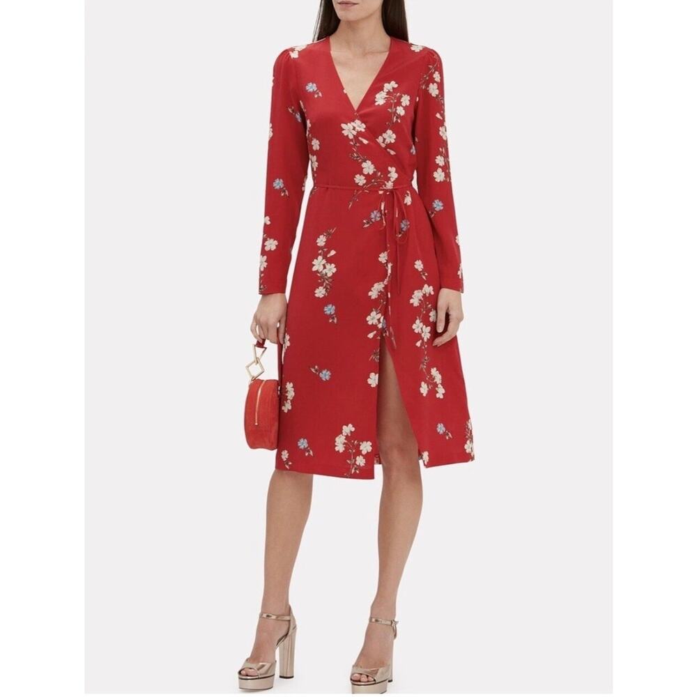 Intermix Ottavia 100% silk Red Floral Wrap Long Sleeve Dress Sz. 0